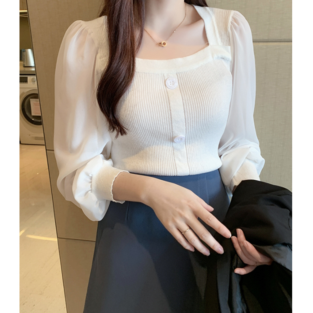 예식장하객룩 결혼식장룩 봄 가을 쉬폰 소매 니트 블라우스 이미지 3