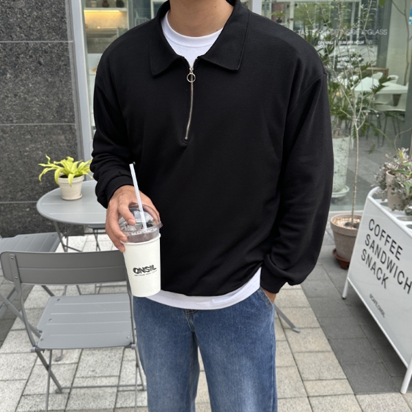 1+1 남자 킴브럴 오버핏 봄 가을 카라 하프집업 맨투맨 - 상세 이미지 2