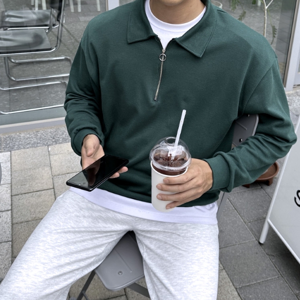 1+1 남자 킴브럴 오버핏 봄 가을 카라 하프집업 맨투맨 - 상세 이미지 3