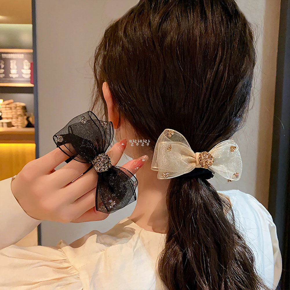 큐빅 리본헤어슈슈 쉬폰 곱창머리끈 명품 스크런치 이미지 6