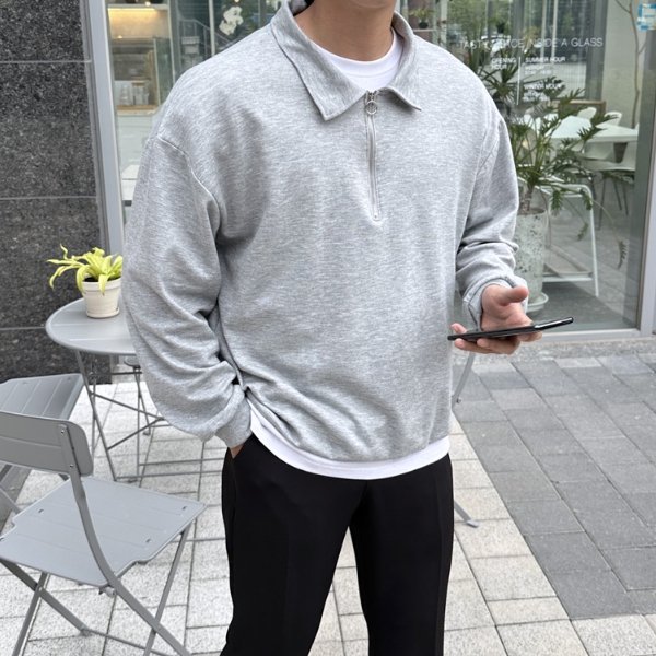 1+1 남자 킴브럴 오버핏 봄 가을 카라 하프집업 맨투맨 - 메인 이미지