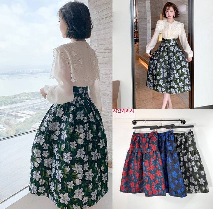 여자여자몰 오리엔탈 입체플라워 벌룬롱스커트 가을 a라인밴딩치마 제품 이미지
