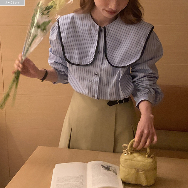 루베 스트라이프 세일러 빅카라 루즈핏 블라우스 2col 봄 가을 코튼 벌룬 제이플로우 - 상세 이미지 3