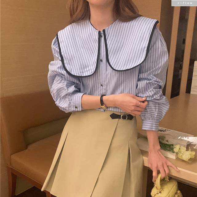 루베 스트라이프 세일러 빅카라 루즈핏 블라우스 2col 봄 가을 코튼 벌룬 제이플로우 - 상품 이미지