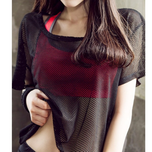 반팔 시스루 크롭 망사 메쉬 여성 쿨 티셔츠 여자 여름용 티 셔츠 꼬임 흰 색 찰랑 블랙 - 상세 이미지 2