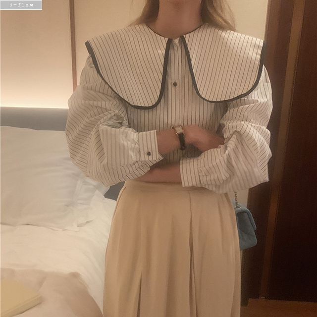 루베 스트라이프 세일러 빅카라 루즈핏 블라우스 2col 봄 가을 코튼 벌룬 제이플로우 - 상세 이미지 5