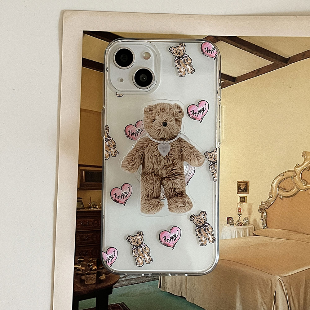 heart teddy pattern 아이폰 15 케이스 클리어 투명 젤리 - 상세 이미지 3