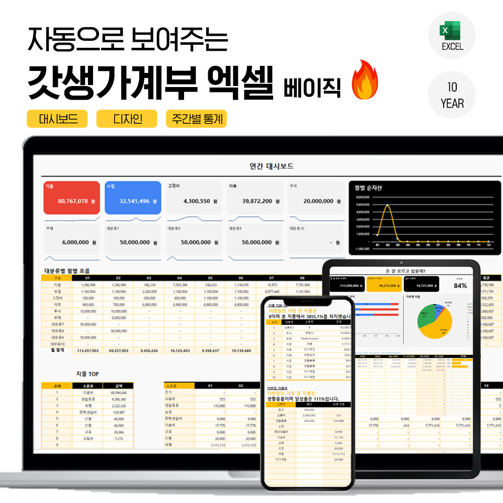 가계부 엑셀 양식 신혼부부 직장인 주간 가계부 양식 2025년 10년형 갓생베이직 파일 상품 이미지