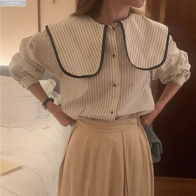 루베 스트라이프 세일러 빅카라 루즈핏 블라우스 2col 봄 가을 코튼 벌룬 제이플로우 - 상세 이미지 2