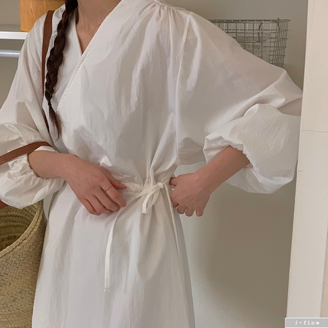 피앙 랩 브이넥 스트링 벌룬 루즈핏 롱원피스 3col 가을 봄 코튼 맥시 고퀄 제이플로우 - 상세 이미지 3