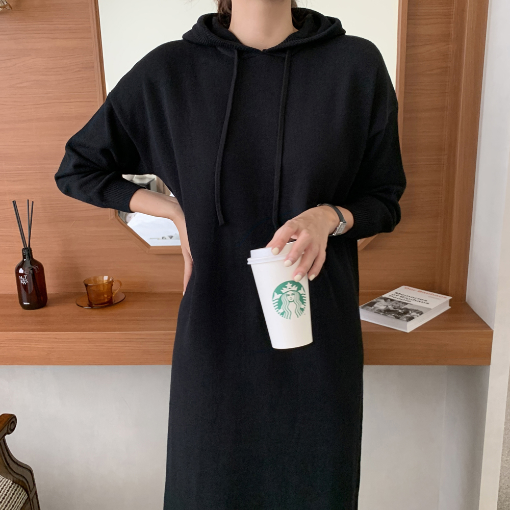 루즈핏 후드 원피스 H라인 니트 롱 원피스 여성 가을 원피스 빅사이즈 77 베이지 블랙