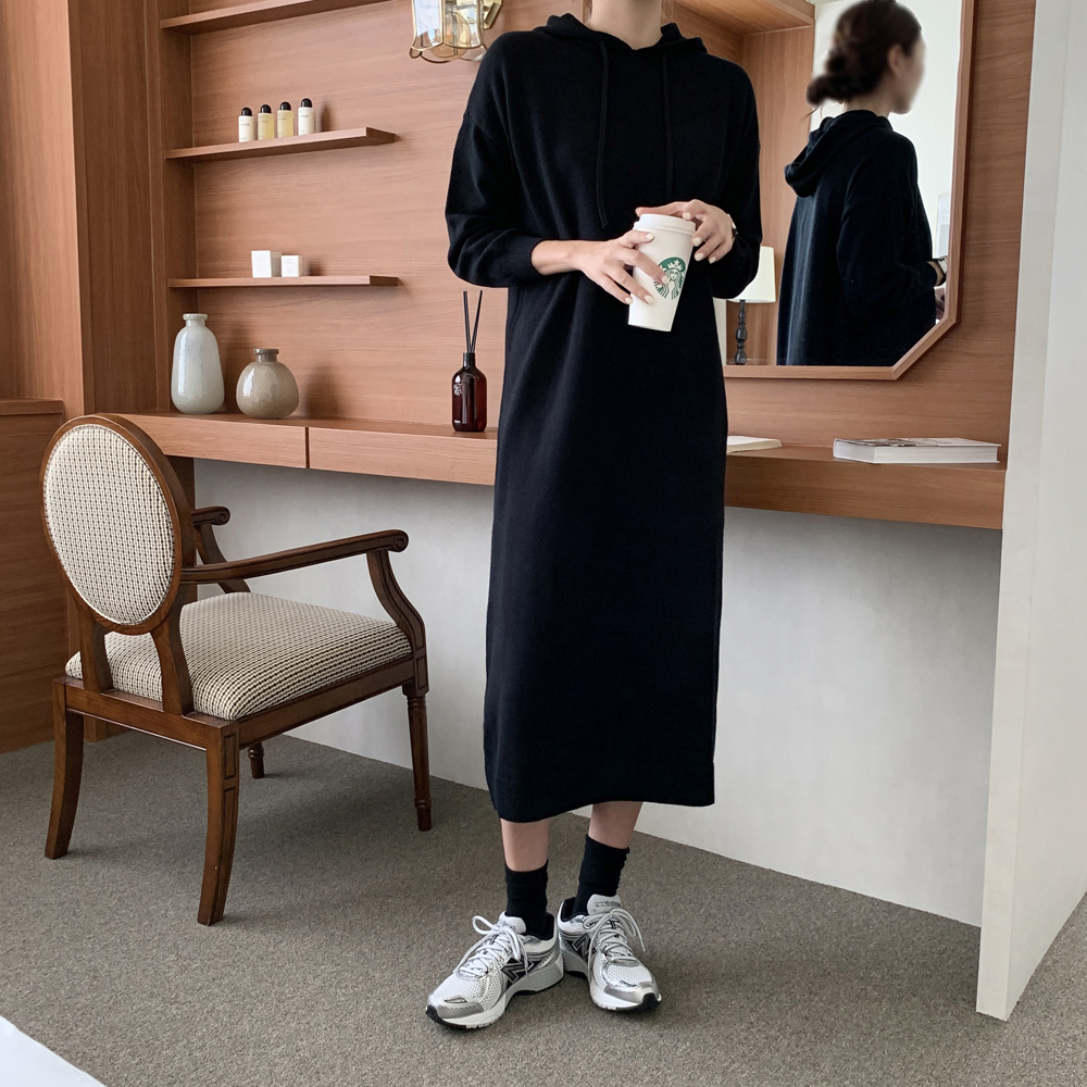 루즈핏 후드 원피스 H라인 니트 롱 원피스 여성 가을 원피스 빅사이즈 77 베이지 블랙