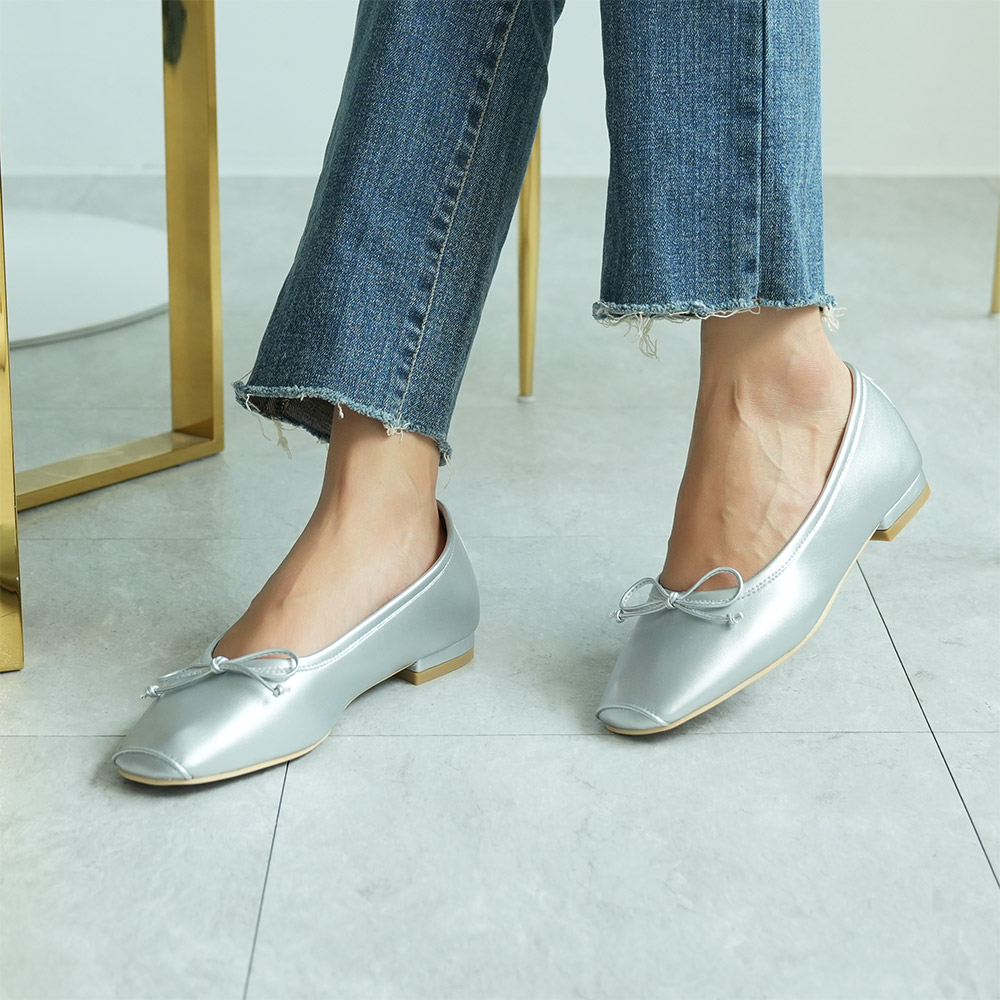 리본 발레리나 플랫 쿠션 화이트 레드 스퀘어 발편한 플랫 슈즈