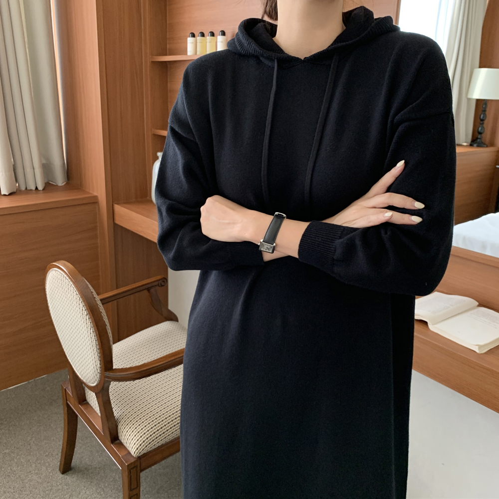 루즈핏 후드 원피스 H라인 니트 롱 원피스 여성 가을 원피스 빅사이즈 77 베이지 블랙