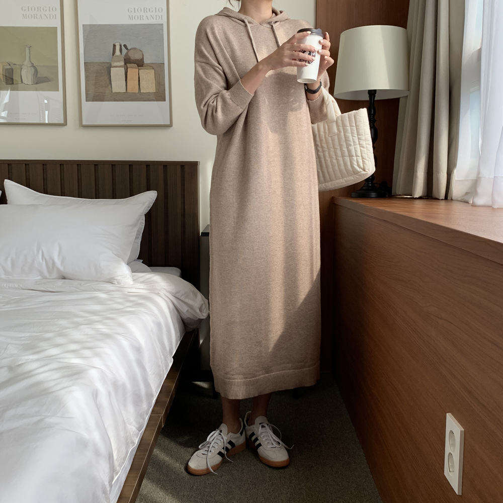 루즈핏 후드 원피스 H라인 니트 롱 원피스 여성 가을 원피스 빅사이즈 77 베이지 블랙