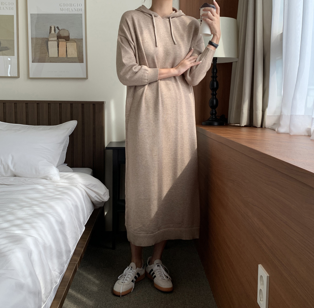 루즈핏 후드 원피스 H라인 니트 롱 원피스 여성 가을 원피스 빅사이즈 77 베이지 블랙