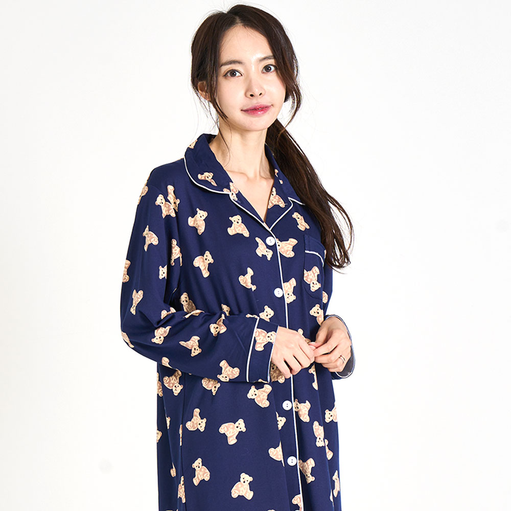 여성잠옷 피치기모 원피스 곰돌이 카라 긴팔 홈웨어 파자마 - 상세 이미지 3