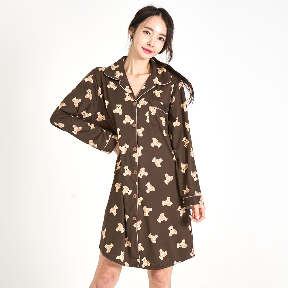 여성잠옷 피치기모 원피스 곰돌이 카라 긴팔 홈웨어 파자마 - 상세 이미지 5