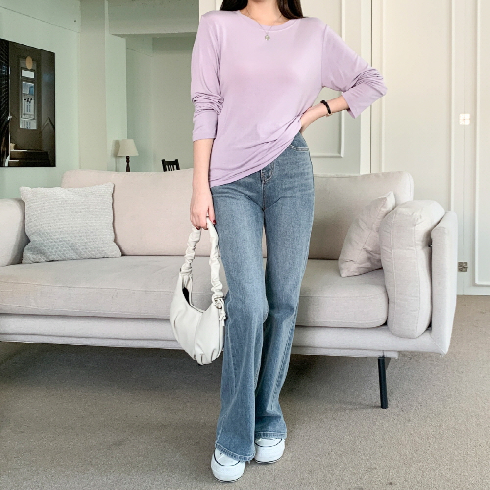 여성 기본 무지 이너 레이어드 레이온 라운드 가을 긴팔 티셔츠 이미지 2