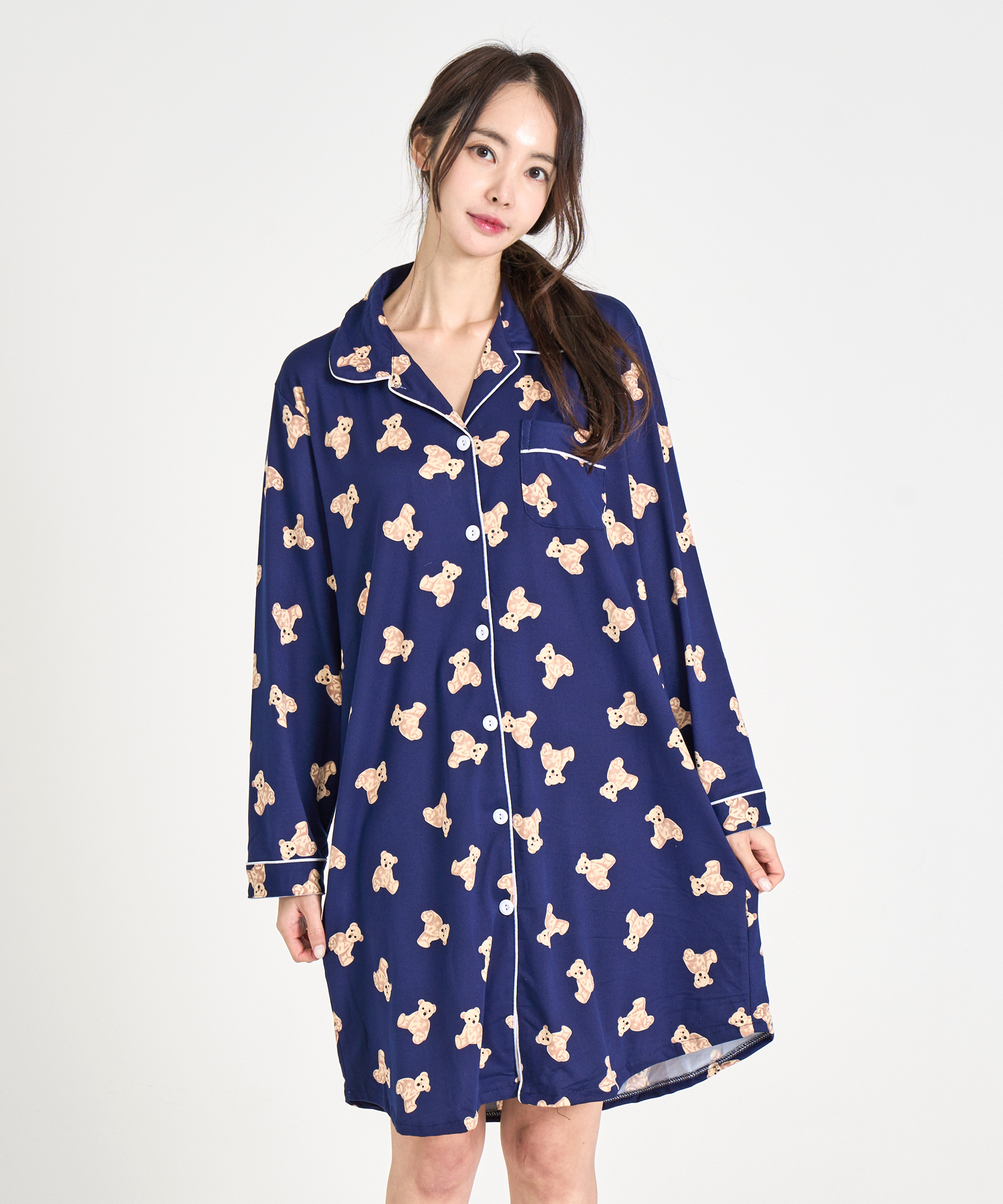 여성잠옷 피치기모 원피스 곰돌이 카라 긴팔 홈웨어 파자마 - 상품 이미지