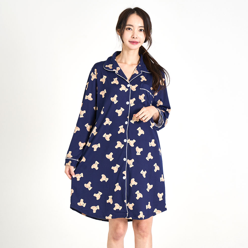 여성잠옷 피치기모 원피스 곰돌이 카라 긴팔 홈웨어 파자마 - 상세 이미지 4