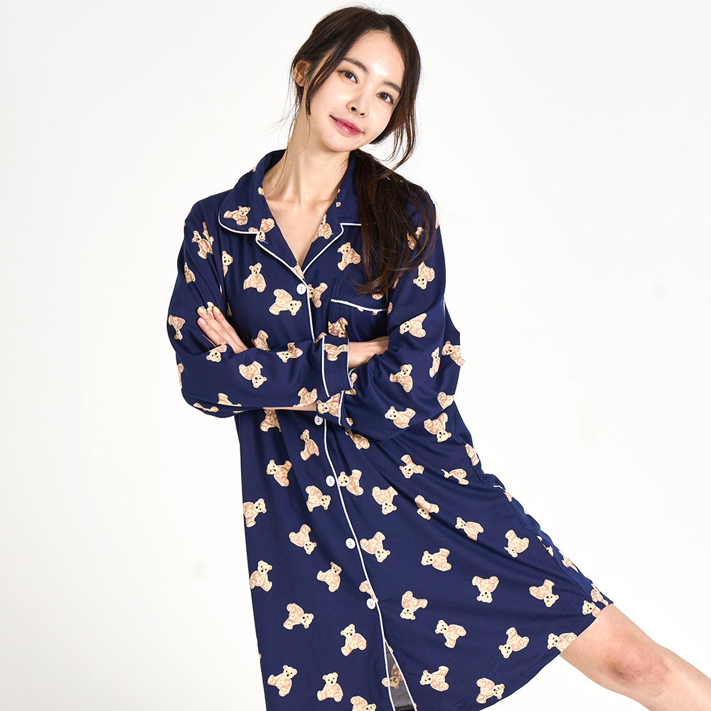 여성잠옷 피치기모 원피스 곰돌이 카라 긴팔 홈웨어 파자마 - 상세 이미지 2