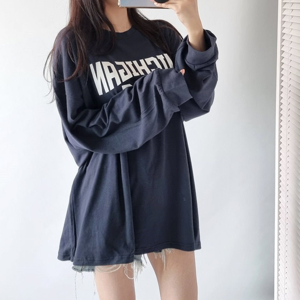 오버핏 롱티 빅사이즈 여성 미시간 레터링 긴팔 면 티셔츠 이미지 3