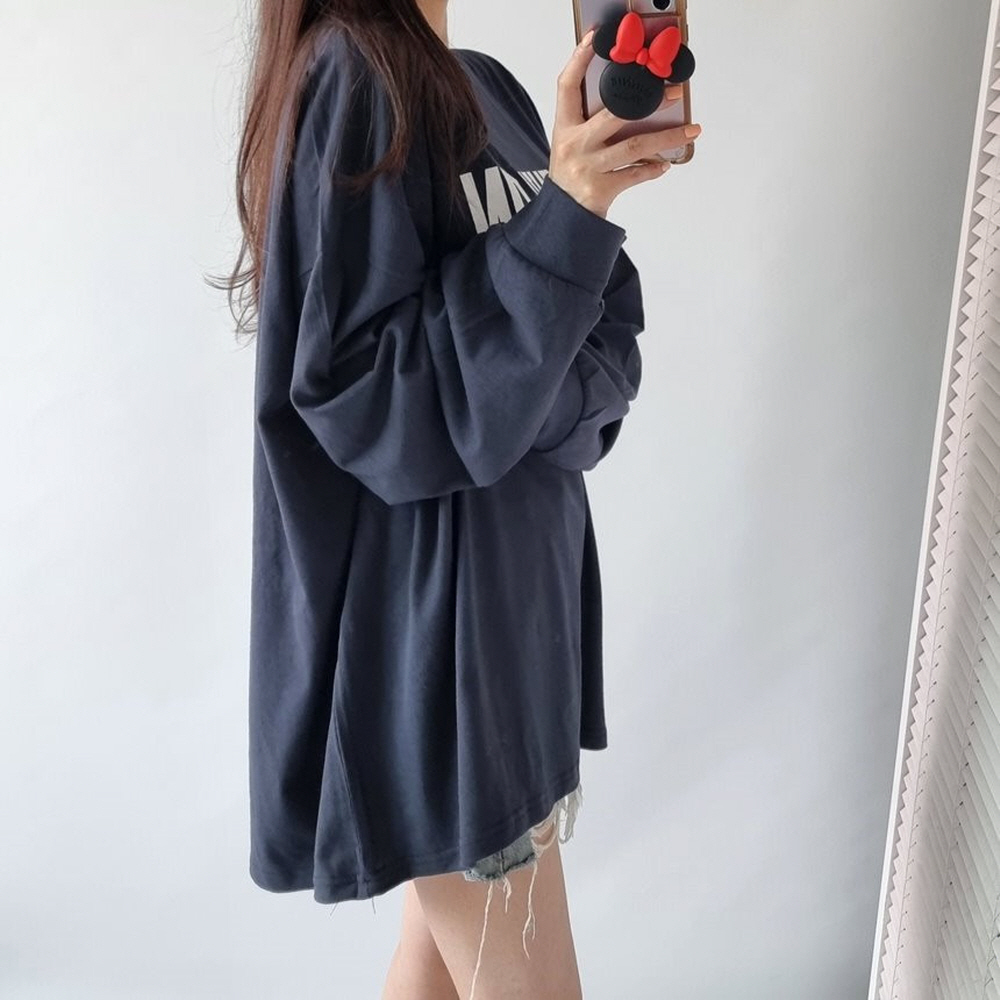 오버핏 롱티 빅사이즈 여성 미시간 레터링 긴팔 면 티셔츠 이미지 4