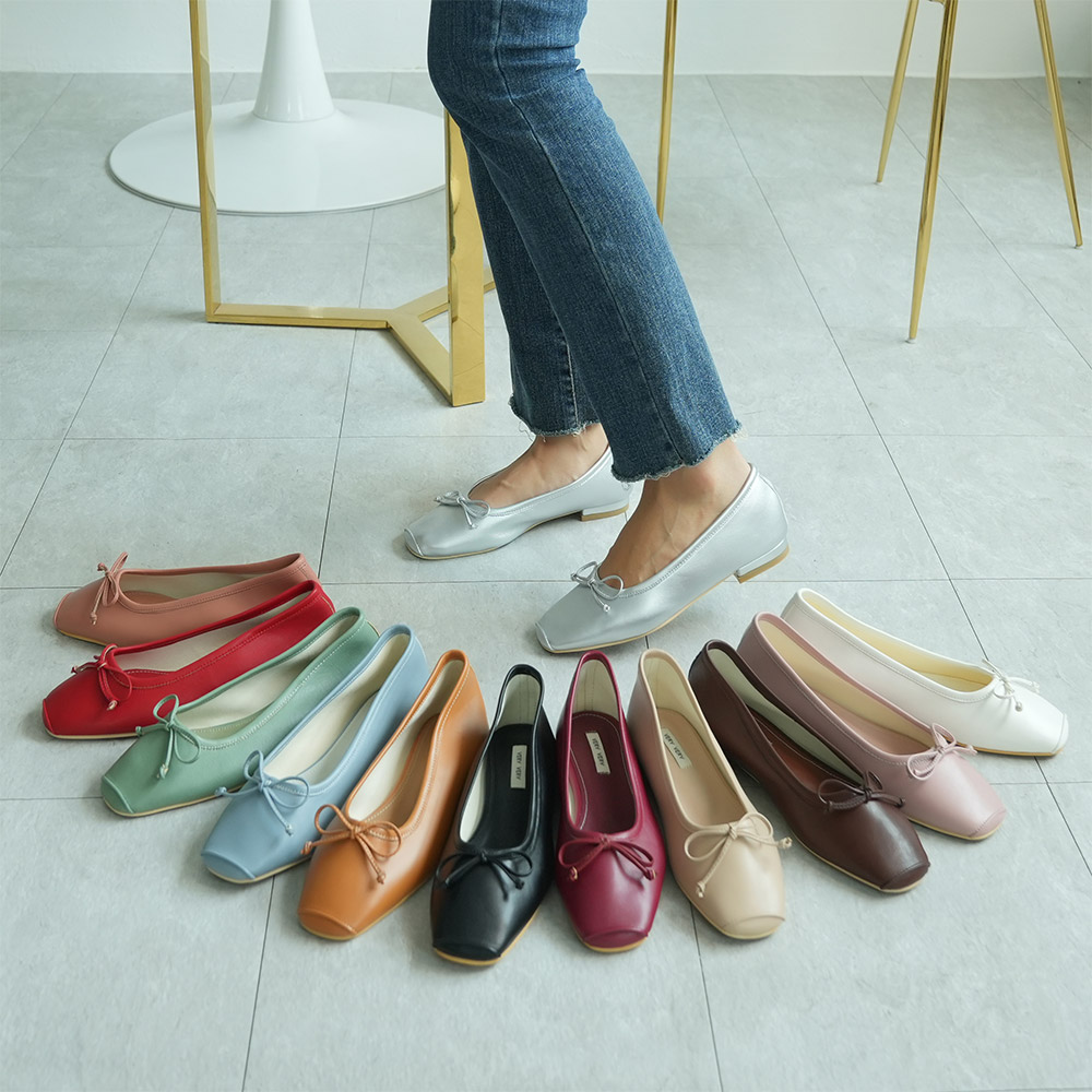 리본 발레리나 플랫 쿠션 화이트 레드 스퀘어 발편한 플랫 슈즈