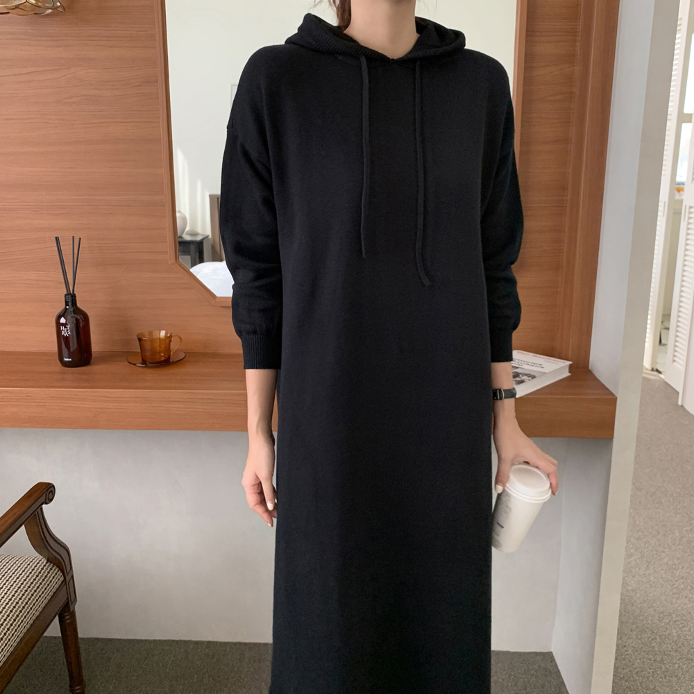 루즈핏 후드 원피스 H라인 니트 롱 원피스 여성 가을 원피스 빅사이즈 77 베이지 블랙