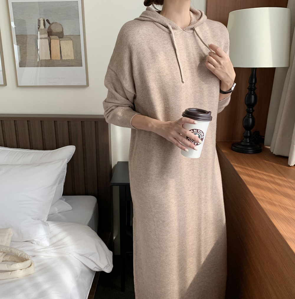 루즈핏 후드 원피스 H라인 니트 롱 원피스 여성 가을 원피스 빅사이즈 77 베이지 블랙