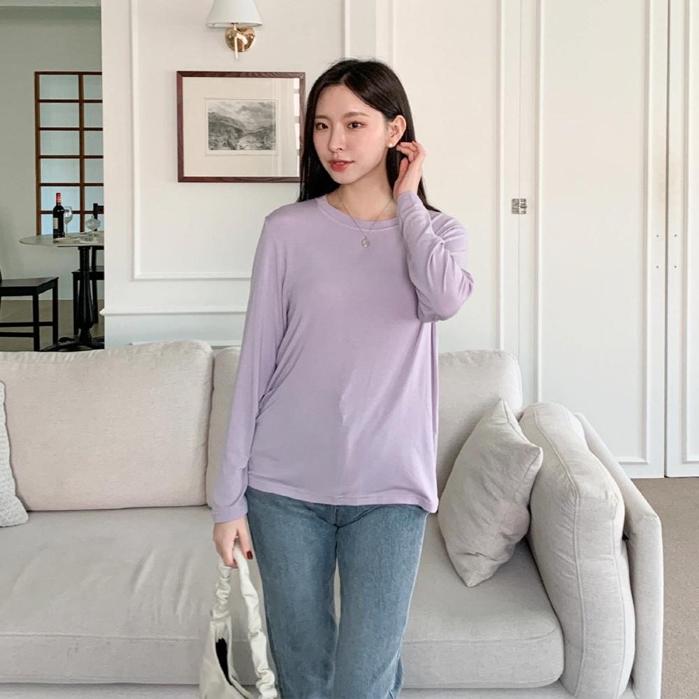 여성 기본 무지 이너 레이어드 레이온 라운드 가을 긴팔 티셔츠 이미지 3