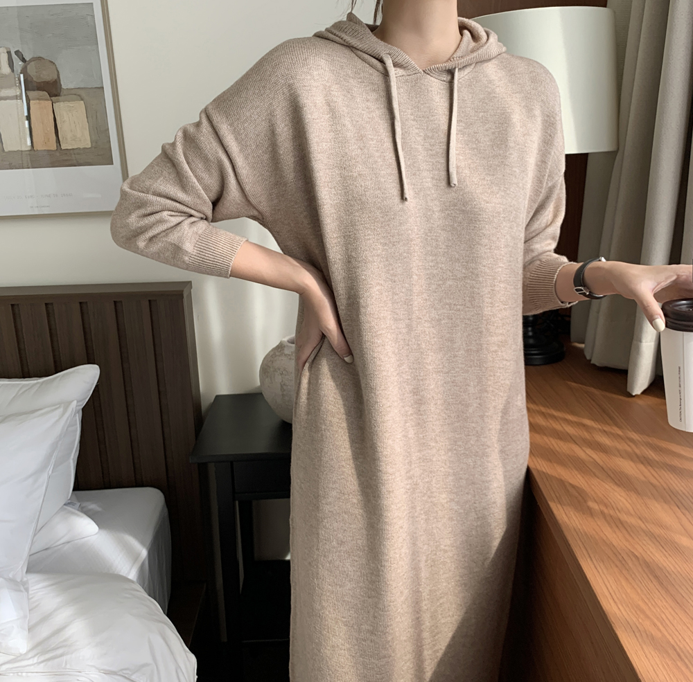 루즈핏 후드 원피스 H라인 니트 롱 원피스 여성 가을 원피스 빅사이즈 77 베이지 블랙