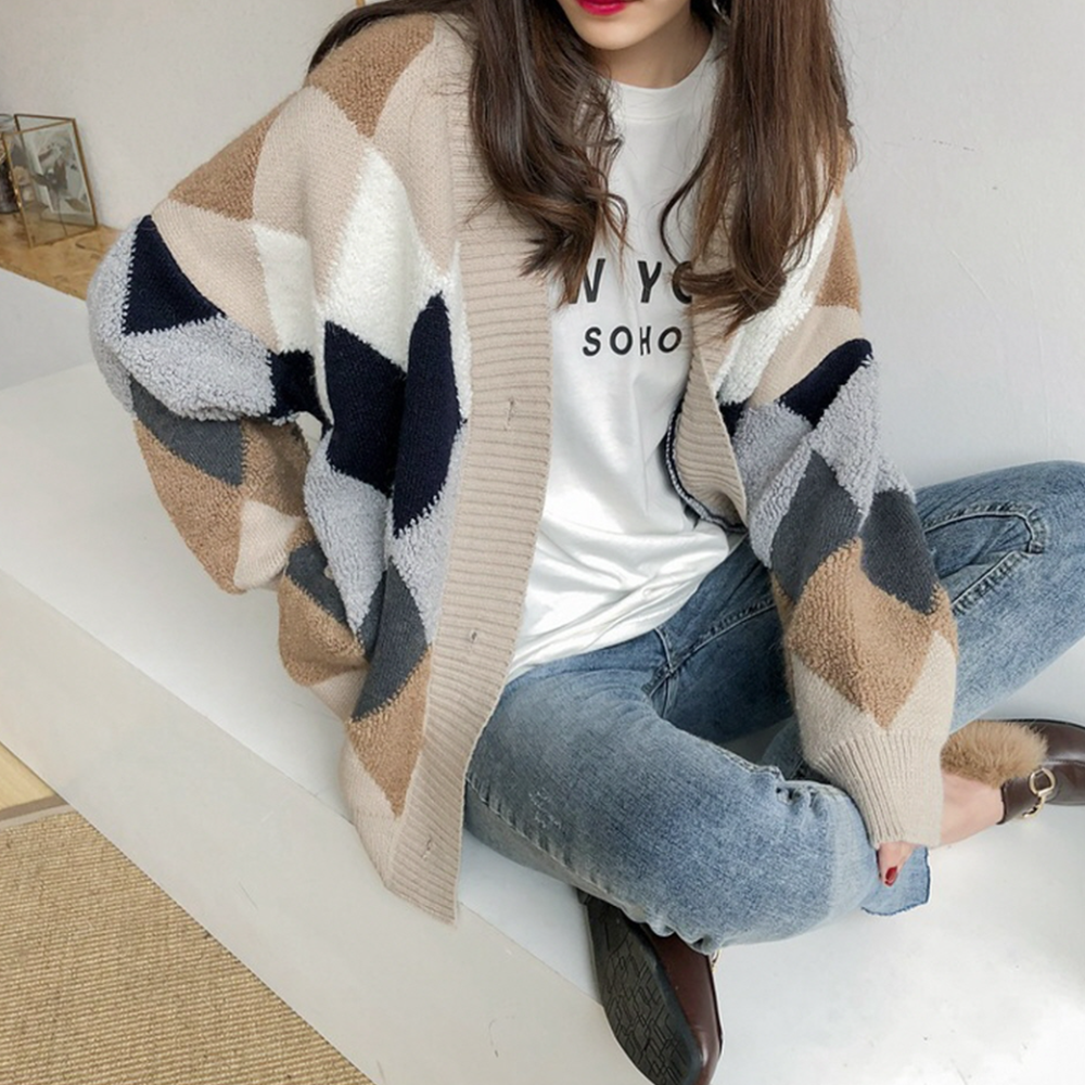 보세가디건 아가일 박시 루즈핏 봄 가을 간절 롱 니트 가디건 이미지 4