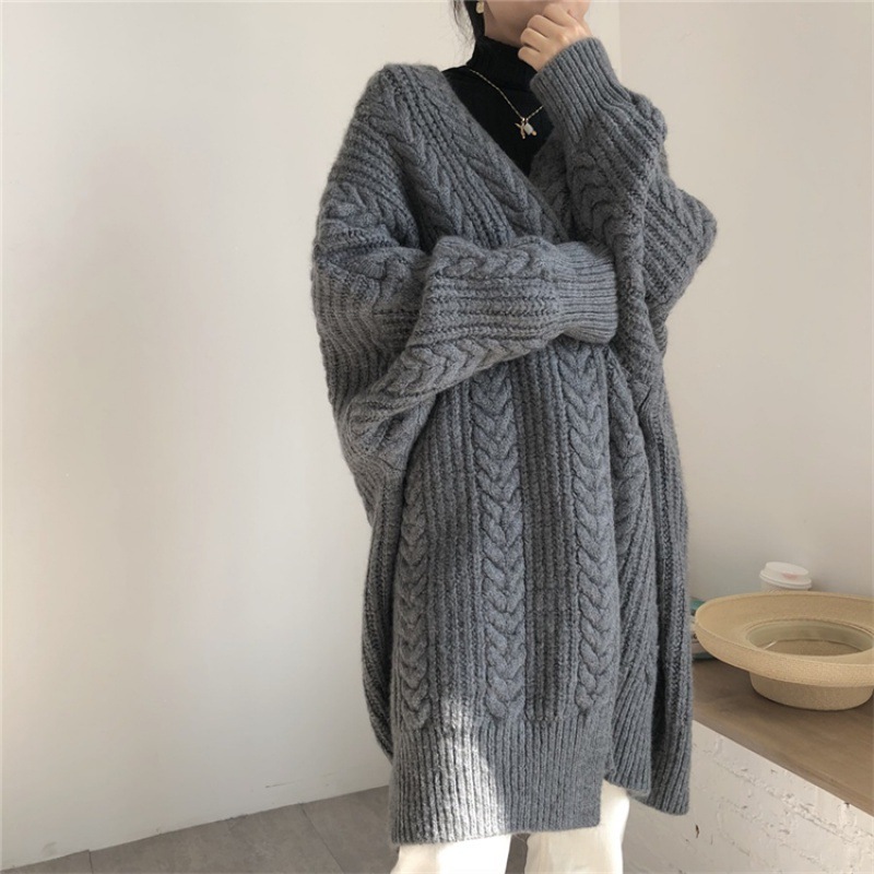 오버핏 니트 롱가디건 빅사이즈 루즈핏 브이넥 겨울 그레이 꽈배기가디건 이미지 2