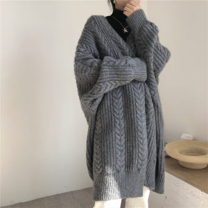 오버핏 니트 롱가디건 빅사이즈 루즈핏 브이넥 겨울 그레이 꽈배기가디건 착용 후기 | 사이즈/핏 총정리 - 상품 이미지 2