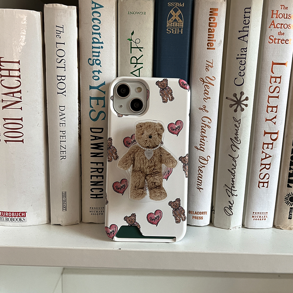 heart teddy pattern 아이폰 15 카드수납 하드 갤럭시 케이스 white - 상세 이미지 2