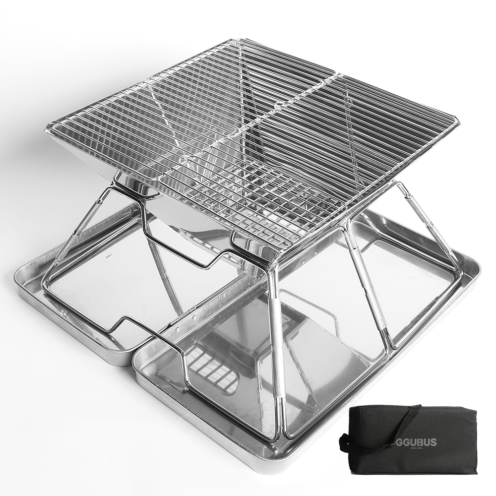 꾸버스 접이식 캠핑 화로대 스테인리스 바베큐그릴 휴대용 직화 숯불 야외 사각 BBQ 화로