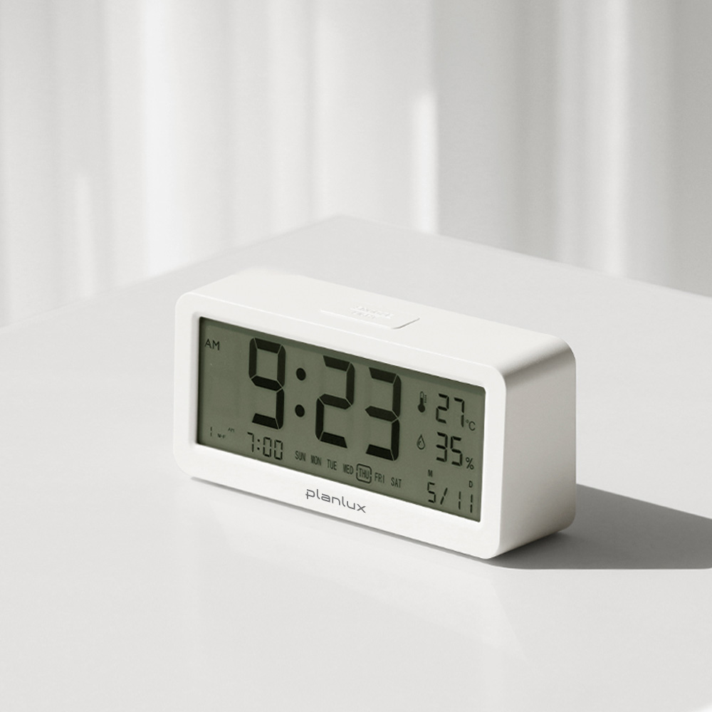 플랜룩스 심플뷰 전자 탁상시계 LED 백라이트 온도 습도 건전지 무소음 알람 시계