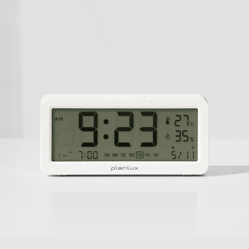 플랜룩스 심플뷰 전자 탁상시계 LED 백라이트 온도 습도 건전지 무소음 알람 시계