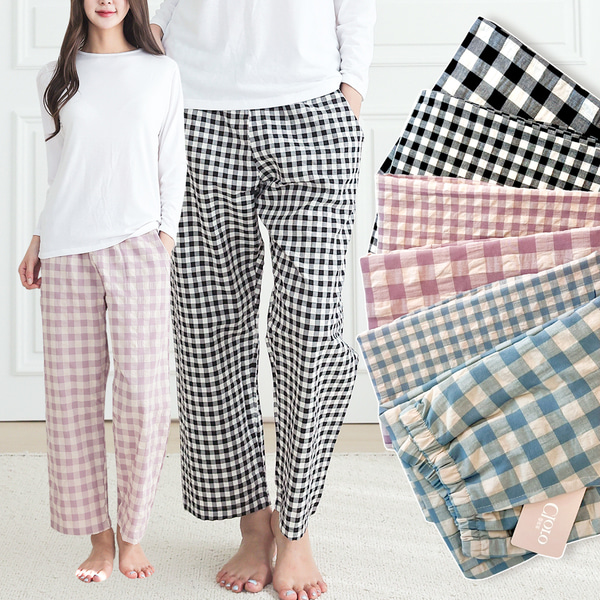 면 파자마 잠옷 바지 체크 커플 잠옷 여자 바지 주머니 제품 이미지