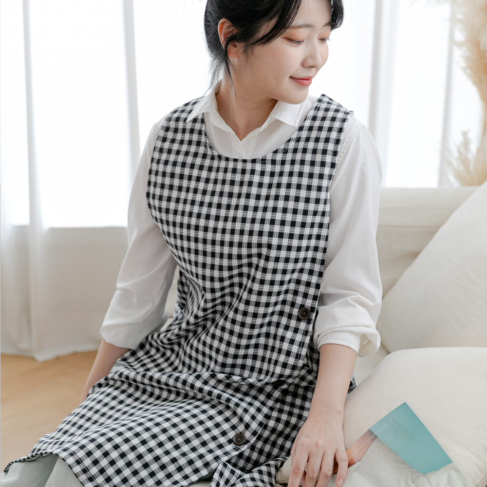 데코에버 여름 붐붐 체크 롱 원피스앞치마 옆주머니형 빅사이즈 어린이집 선생님 앞치마 77