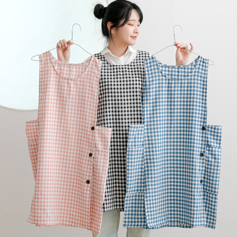 데코에버 여름 붐붐 체크 롱 원피스앞치마 옆주머니형 빅사이즈 어린이집 선생님 앞치마 77