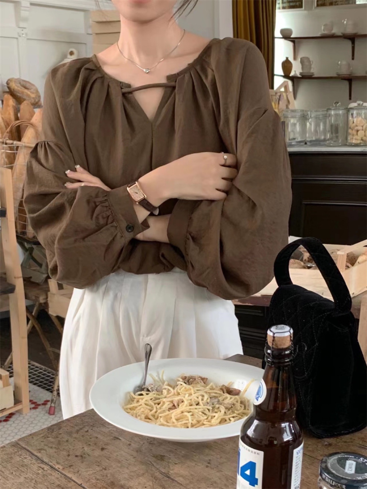 에그 스트링 가을 루즈핏 오버핏 하객룩 긴팔 벌룬 여리 슬릿 셔링 블라우스