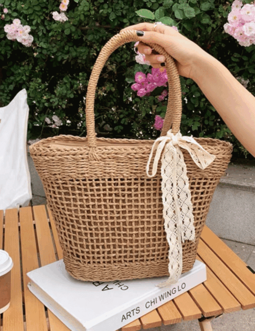 여름 휴양지 왕골가방 네트 라탄 도트백