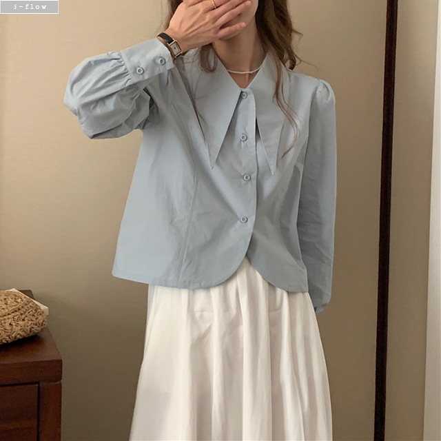 베뉴스 뾰족카라 퍼프 크롭 블라우스 4col 가을 봄 셔츠 코튼 밑단라운... 착용 후기 | 사이즈/핏 총정리 - 대표 이미지