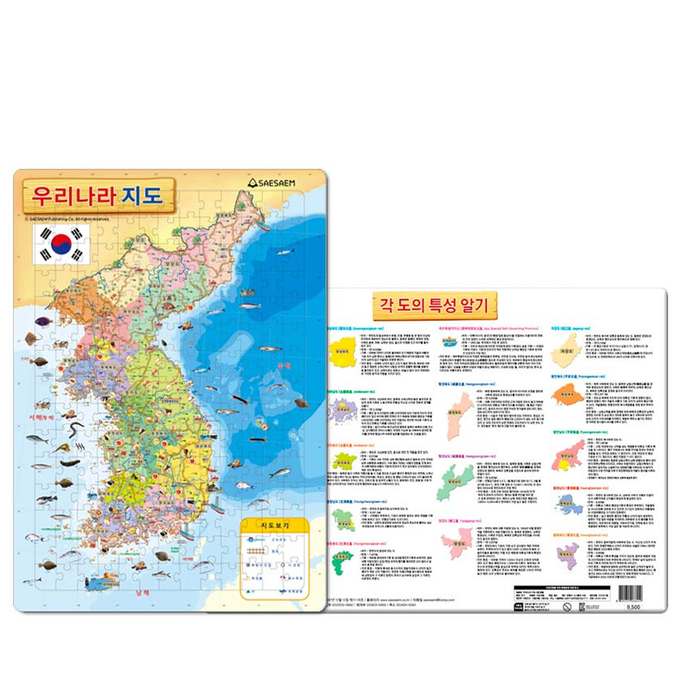 우리나라 대한민국 지도 4절 퍼즐 195조각 유아 아동 어린이 초등학교 판퍼즐 : 원데이쇼핑샵
