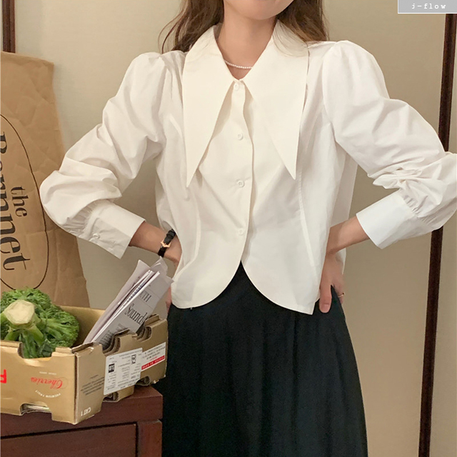 베뉴스 뾰족카라 퍼프 크롭 블라우스 4col 가을 봄 셔츠 코튼 밑단라운딩 제이플로우 이미지 2