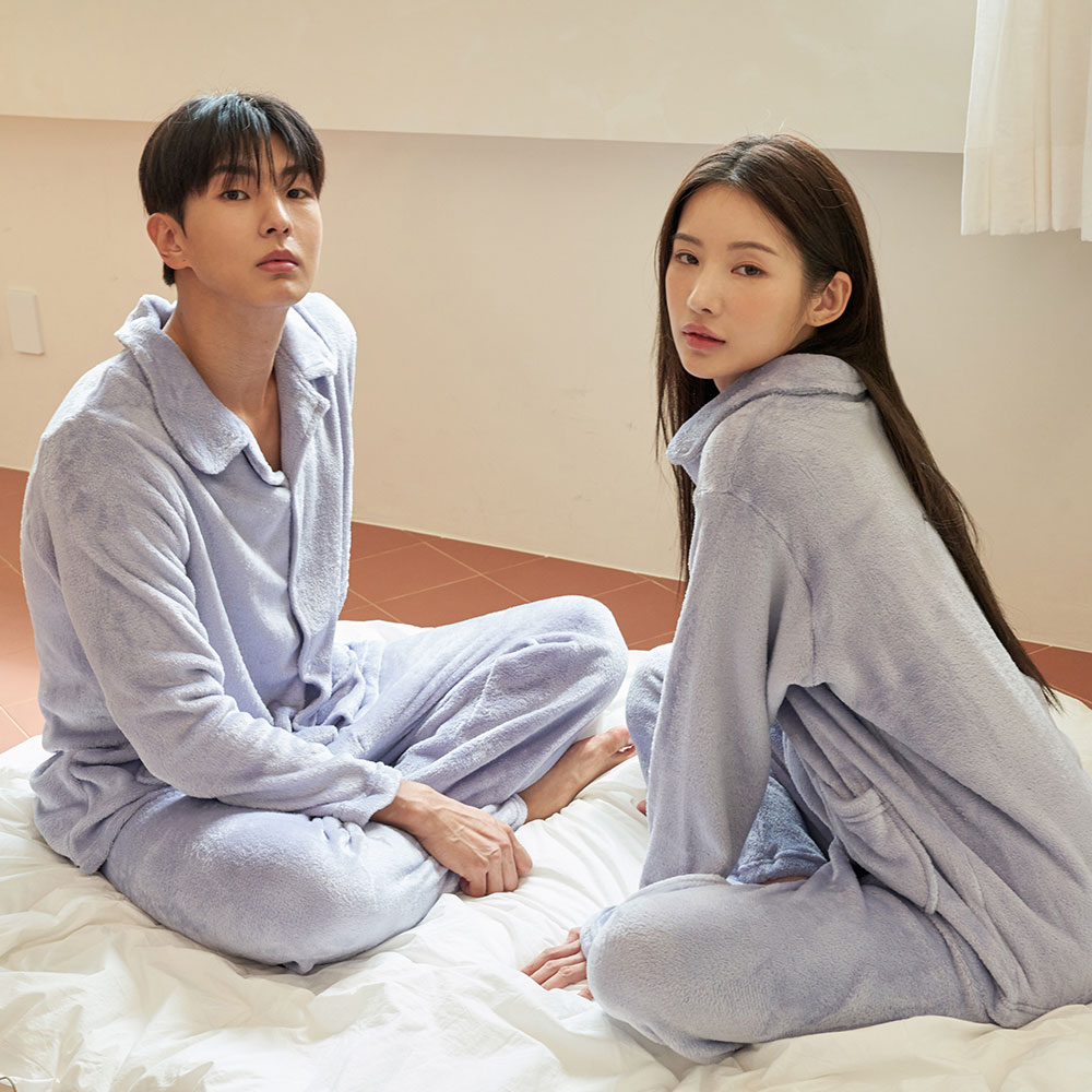 [2PACK] 플러피 솔리드 윈터 커플 수면 잠옷 세트 홈웨어 - 상품 이미지