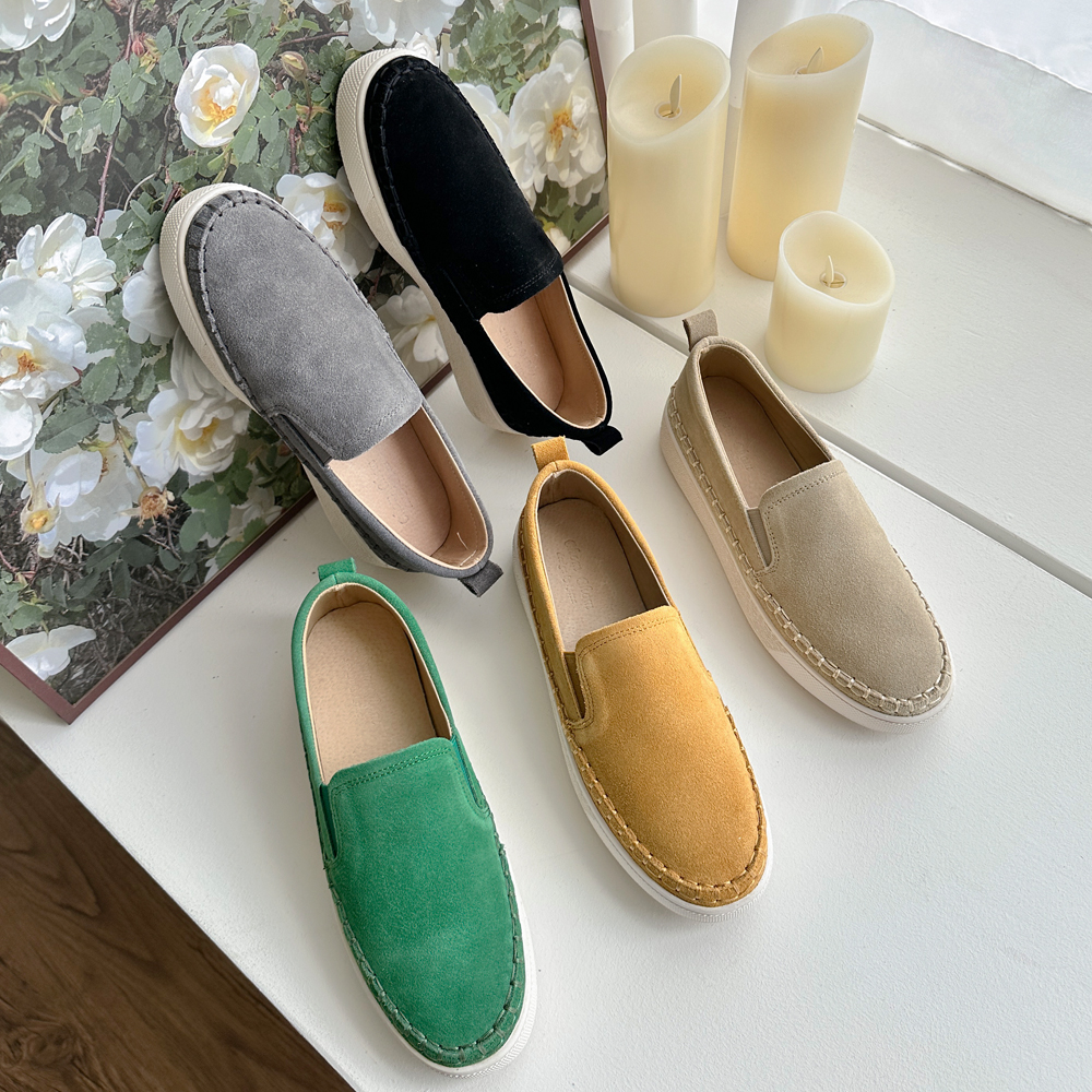 천연소가죽 스웨이드 통굽 여성 키높이 슬립온